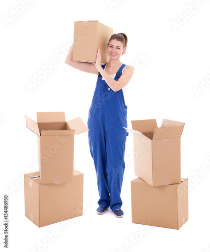 young attractive woman in blue workwear with cardboard boxes iso © Di Studio