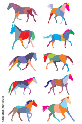 Set of vector colorful trotting horses silouettes
