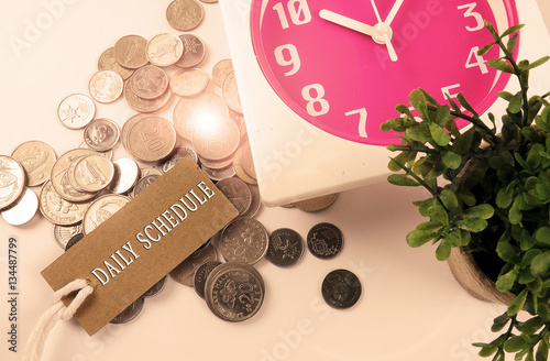 Red clock,coins,green plant and bookmark with time management conceptual text. Lens flare and shepia filter added. Retro and classic look. photo