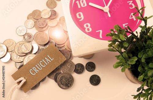 Red clock,coins,green plant and bookmark with time management conceptual text. Lens flare and shepia filter added. Retro and classic look. photo