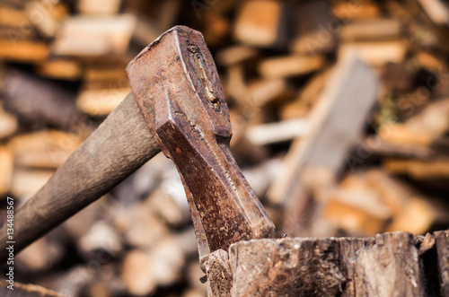 The ax stuck in the stump