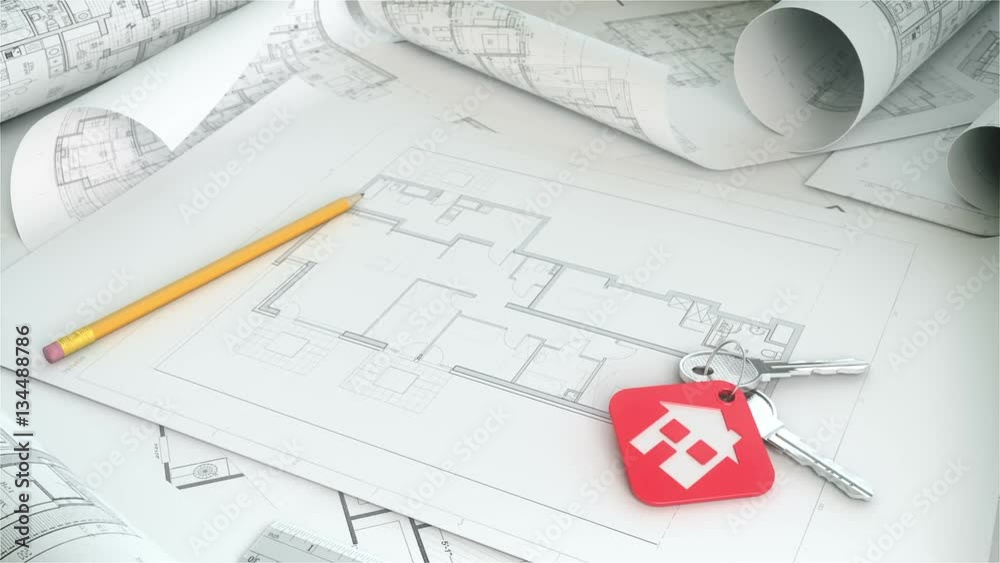 Building House. 3 Videos fo dropping house keys on a house plan blueprint concept for new house, and one video falling keys with mask.