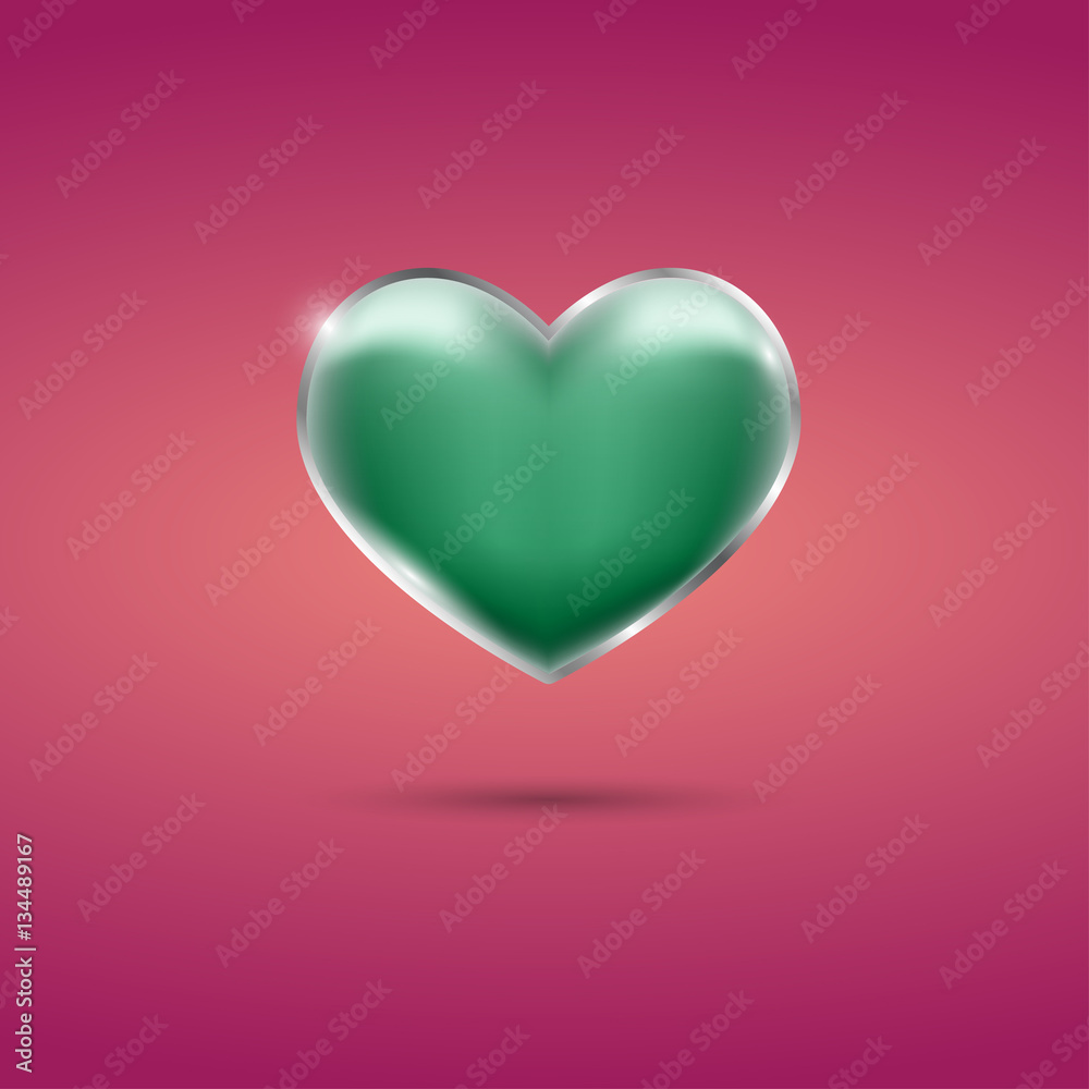 Glowing green heart with frame on pink background