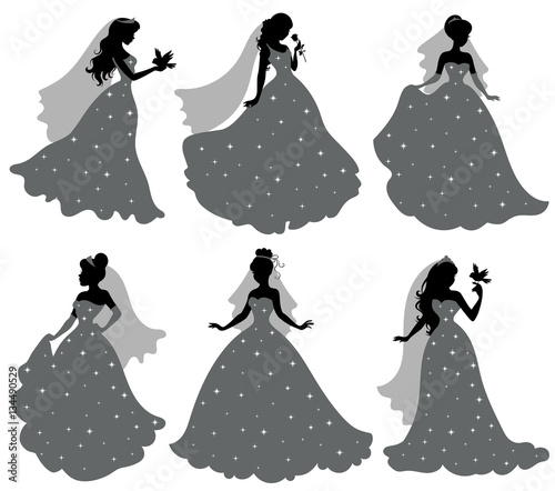 Set of silhouettes of brides with birds.