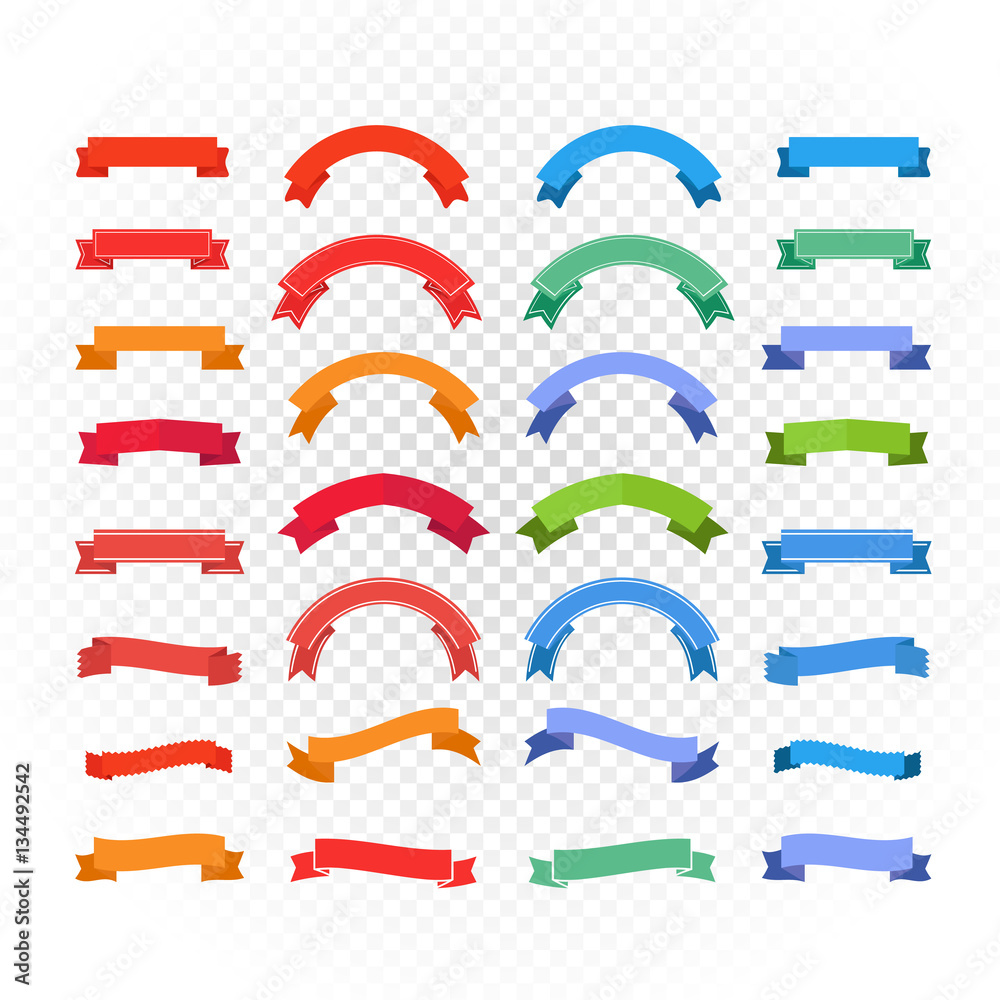 Different retro style color ribbons set isolated on transparent.