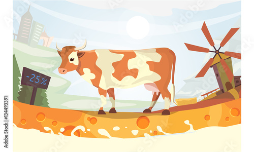 Fototapeta Naklejka Na Ścianę i Meble -  Cute cow with milk river Vector illustration. colorful landscape fith farm. cartoon mammal animal