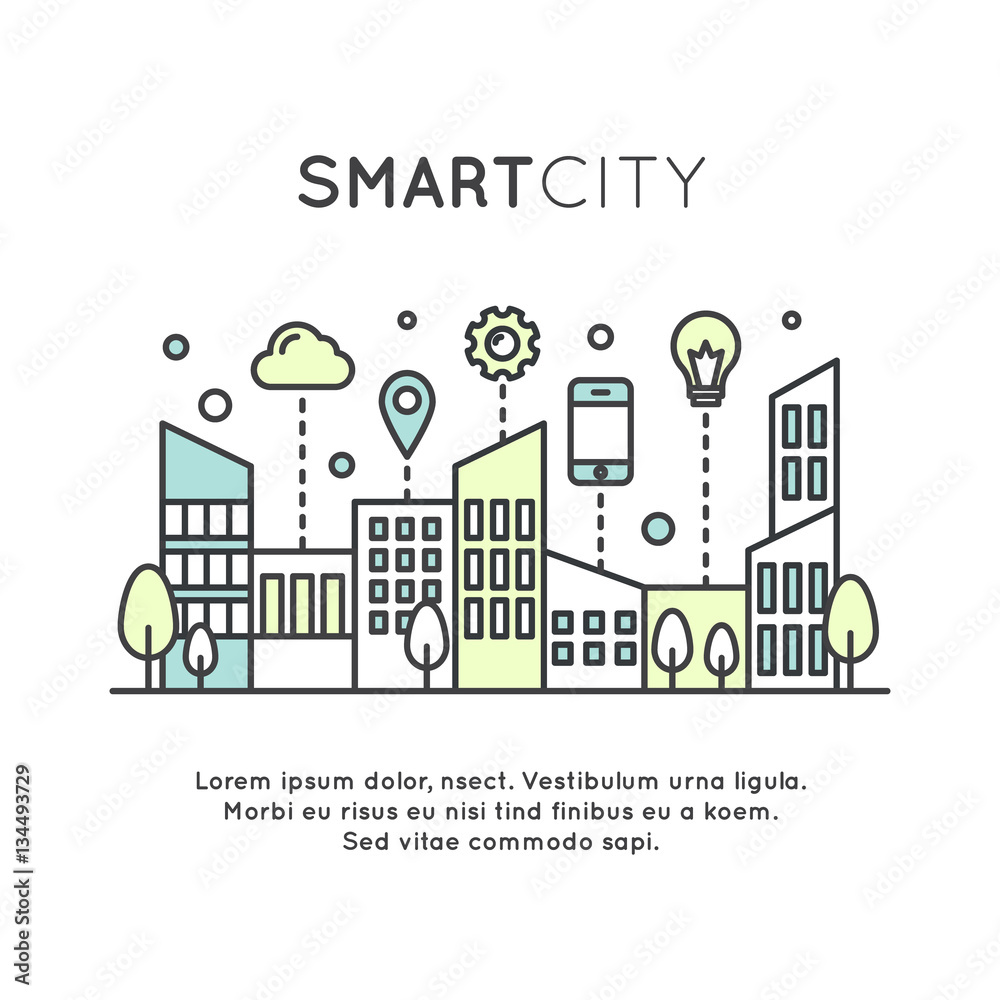Vector Icon Style Illustration of Smart City Concept and Technology, One Page Web or Mobile Template Composition with Cloud, Buildings, Devices and Smart Solutions