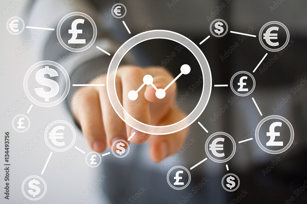 Businessman pushing button diagram chart icon network dollar eur currency