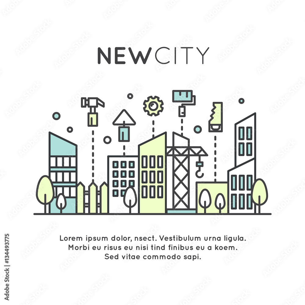 Isolated Vector Style Illustration One Page Web Site Template of Real Estate House Building and Business Company, New City Area or District, Accommodation, Housing, Construction and Building