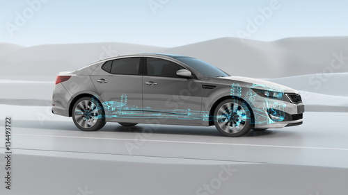 City car structure overview during driving. 3d illustration