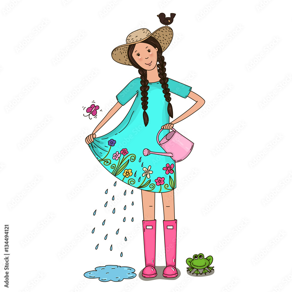 The girl watering flowers on the dress. Vector illustration.