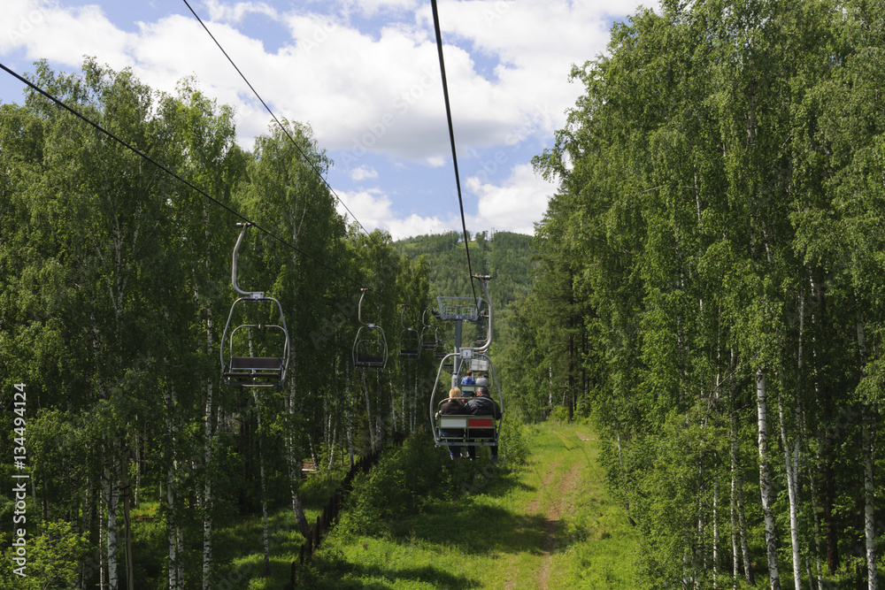 Ski lift in Abzakovo (Russia). Transportation of tourists in the summer season.