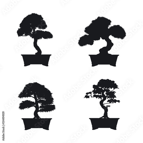 Bonsai set. Black silhouette of bonsai on white background. Japa