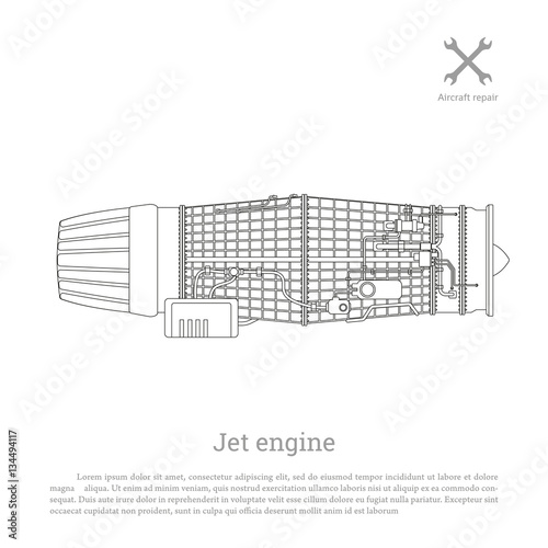 Jet engine in a outline style. Part of the aircraft. Side view