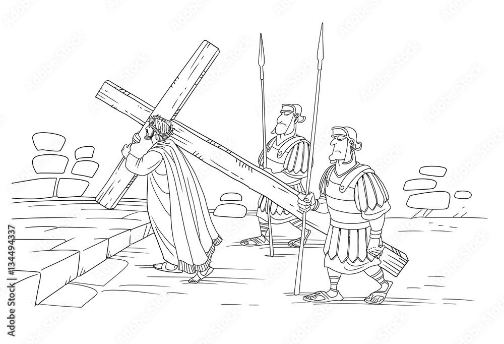 Warriors lead Jesus Christ to death on Mount Calvary. Jesus carries His cross. Stock