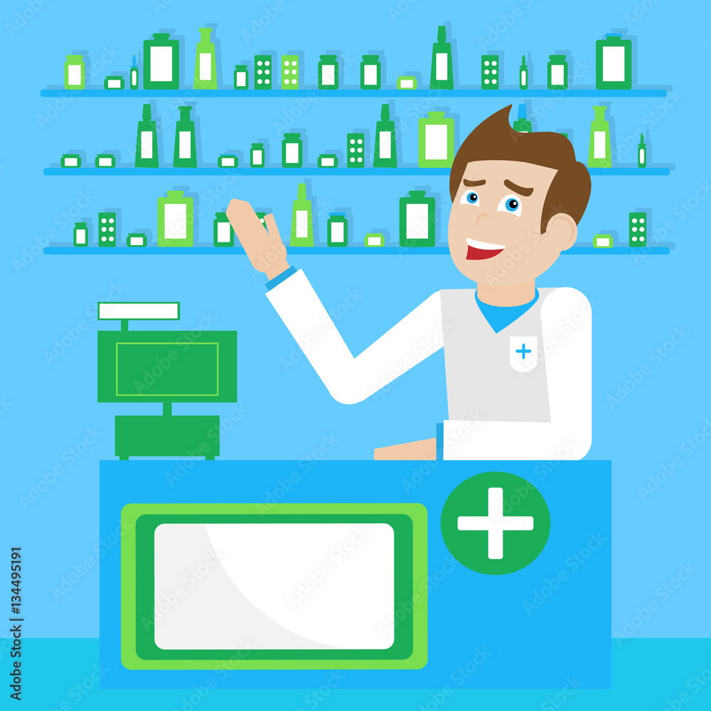 Male pharmacist behind the counter pharmacy indicates the counter Male pharmacist behind the counter pharmacy indicates the counter