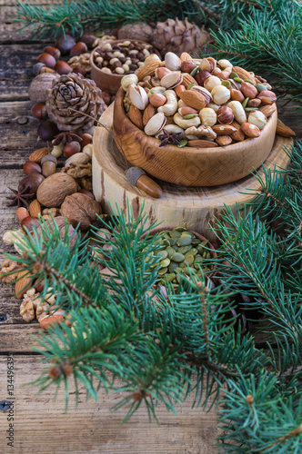 Christmas arrangement of pine, cashew, almond, hazelnuts, peanuts, walnuts, tree branches, cones. background. A mix nuts.