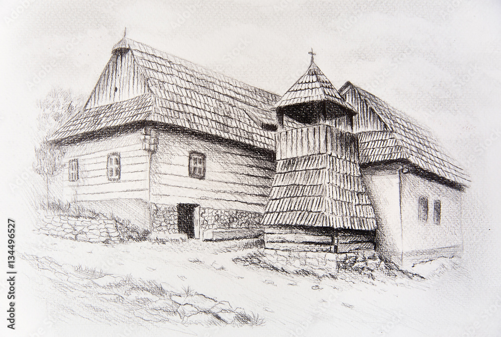 idylic willage houses with wooden belfry, pencil drawing on paper.