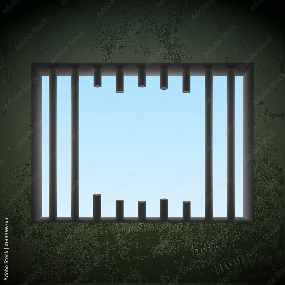 Window with sawn off bars in a prison cell. Jail break. Stock ve - obrazy, fototapety, plakaty 