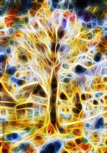 energetic tree in the middle of ancient willage  tree of life concept  fractal effect.