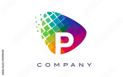 Letter P Colourful Logo. Rainbow P Letter Icon with Shattered Blocks.