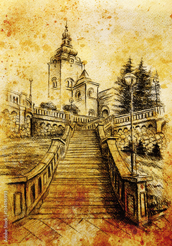 church and staircaise, pencil drawing on paper, vintage effect. photo