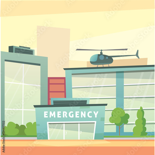 Hospital building cartoon modern vector illustration. Medical Clinic and city background. Emergency room exterior