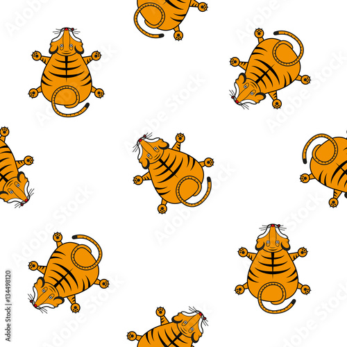 Fototapeta Naklejka Na Ścianę i Meble -  Seamless vector pattern for children. Tiger cub top view on a white background.