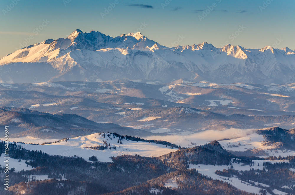 Panorama Tatry z wież widokowej na Radziejowej