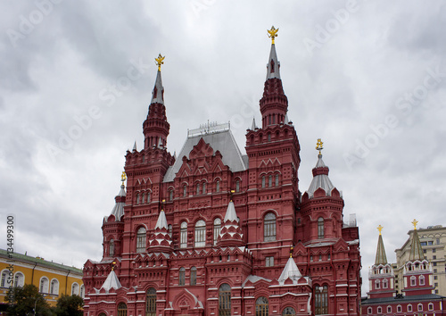 View of State Historical Museum at Red Square in Moscow. Imposing neo-Russian building of 1881, displaying prehistoric relics, Romanov dynasty art & more.
