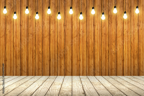 wood wall with bulb lights lamp. nice brick show room with spotl
