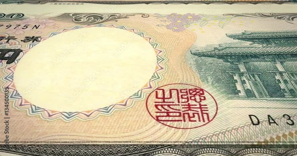 Banknotes of two thousand yen japanese rolling on screen, cash money, loop
