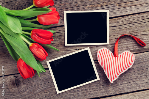 Red tulips  heart and photo frames
