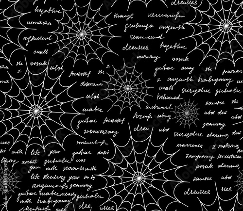 Abstract decorative vector seamless pattern with spiders web and handwritten text