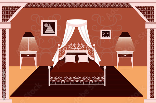 The interior of the bedroom. Bed, carpet, lamp, bedside table . Flat design. Vector illustration.