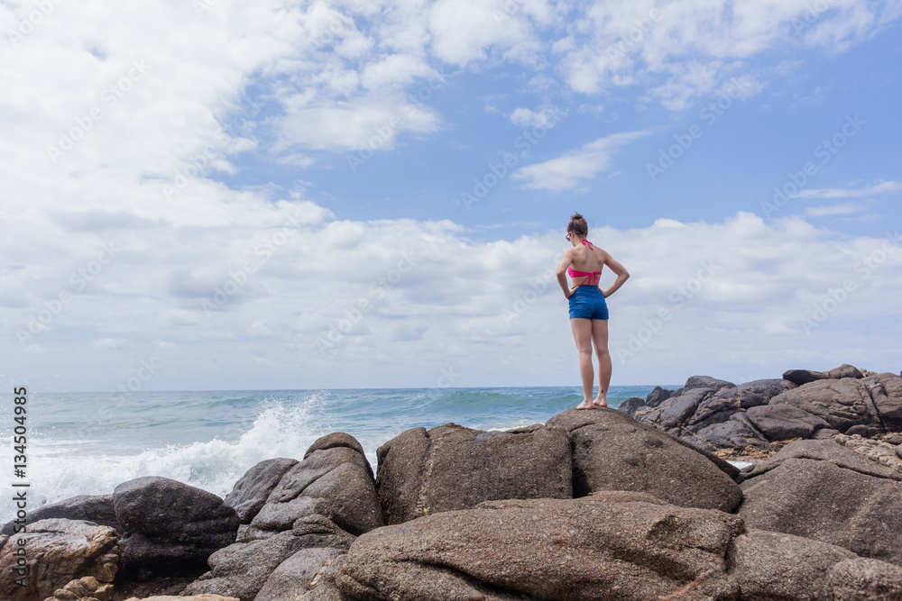 Girl Watching Ocean Waves Rocks