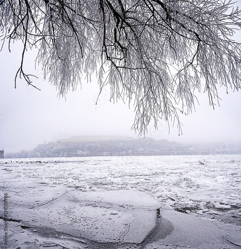 Konstfotografi Winter time on frozen Danube River near Novi Sad, Serbia