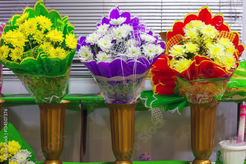 Bouquets of chrysanthemums in a flower shop