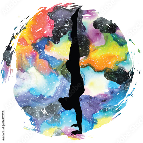 Women silhouette. Headstand yoga pose. Adho Mukha vrksasana.