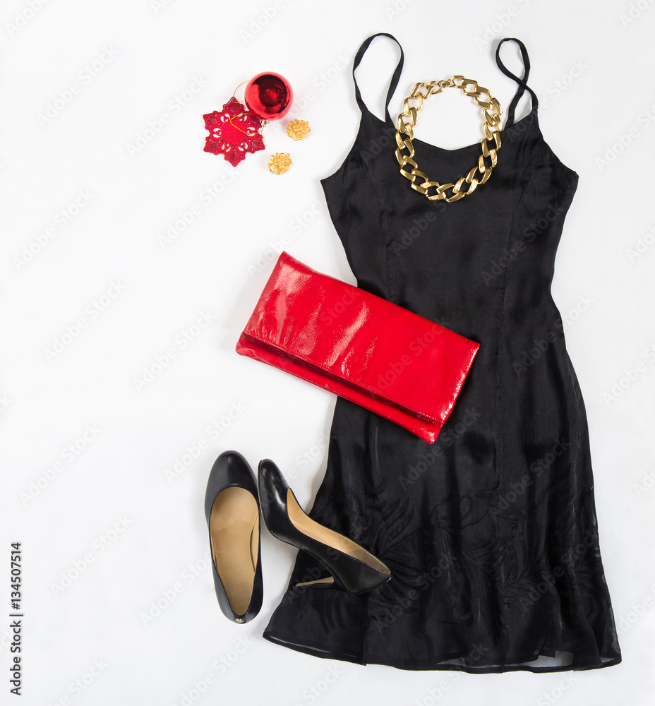 black dress red heels