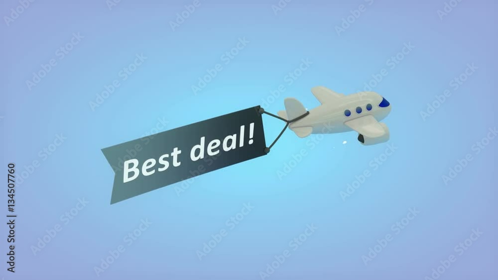 Computer generated, Airplane on blue background with text on flag, Best deal. Computer generated, Airplane on blue background with text on flag, Best deal.