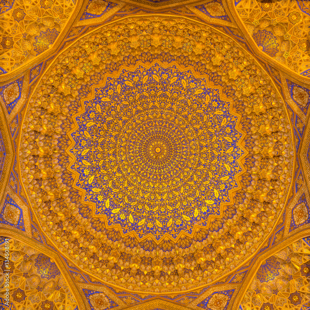 Gold mosaic dome in Tilya Kori Madrasah, Samarkand, Uzbekista