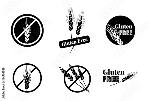 Vector Set Of Six Gluten Free Symbols With Banned Wheat Heads Icon Designs. Great for food packaging. photo