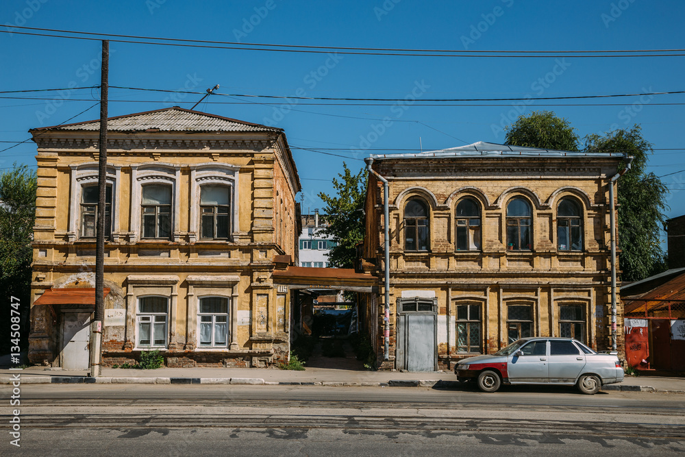 Old historical two-storied merchant houses in Samara