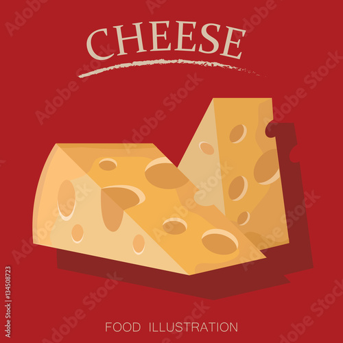 Pieces of cheese  on the red background flat style realistic vector illustration.