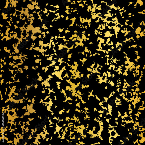 Vector Golden On Black Abstract Grunge Flake Foil Texture Seamless Pattern Background. Great for elegant gold fabric, cards, wedding invitations, wallpaper, floor, kitchen tile.