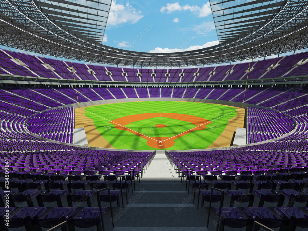 3D render of baseball stadium with purple seats and VIP boxes