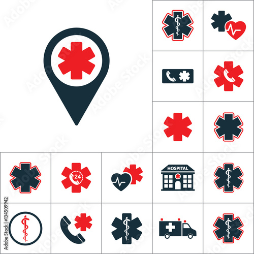 life star pin location icon, medical set on white background