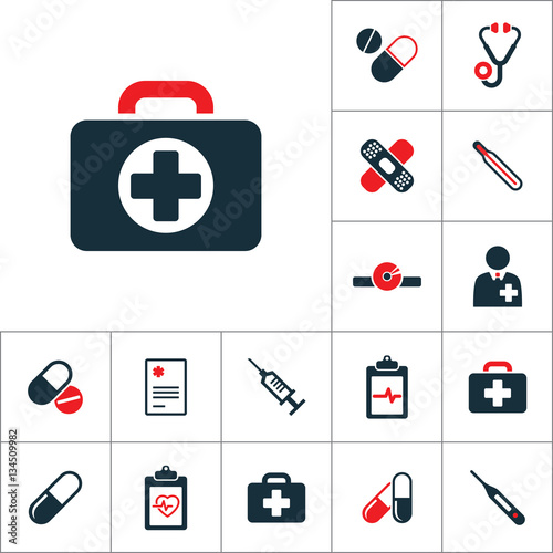 briefcase icon, medical signs set on white background