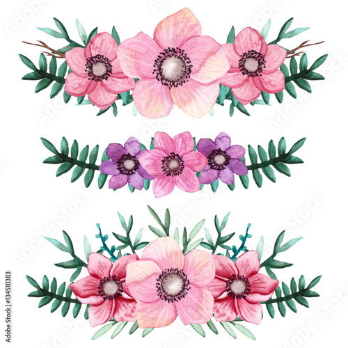 Set of Watercolor Bouquets with Green Leaves and Pink Flowers